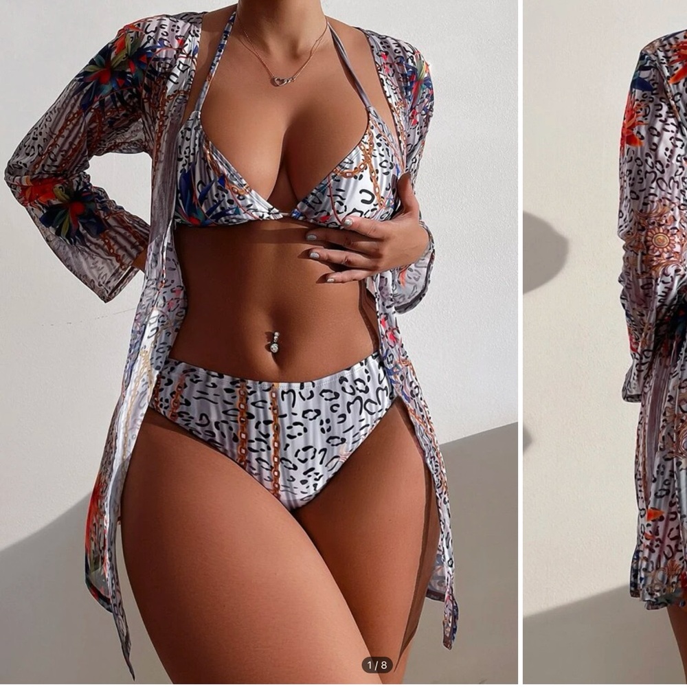 3pack Leopard & Chain Print Halter Bikini Swimsuit & Kimono